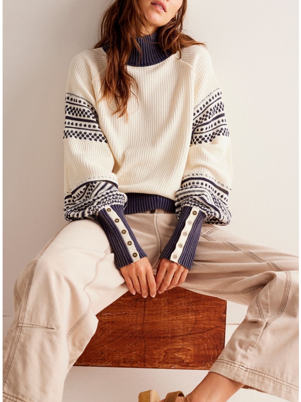 We The Free Cream Turtleneck Sweater with Navy Patterned Sleeves